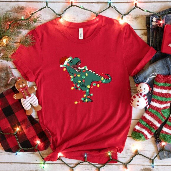 Christmas T-Rex Light Shirt, Dinosaur Christmas T-Shirt, Dinosaur Christmas - Picture 1 of 3